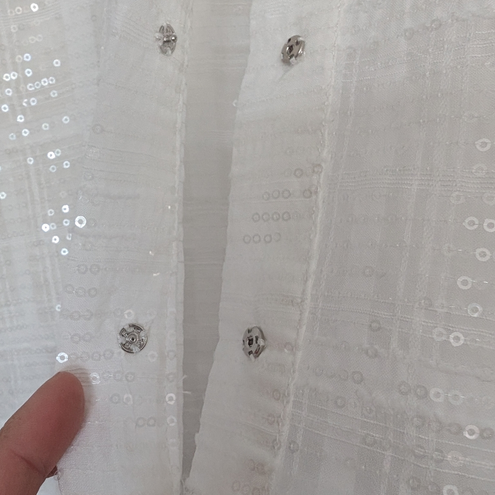 White Sequin Sheer Plaid Button Down Collar Blouse - Picture 4 of 6
